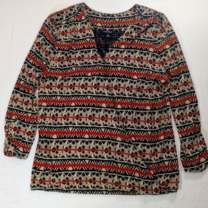 Lucky Brand Geometric Patterned Wrap Style Long Sleeve Top Linen Viscose Size XL